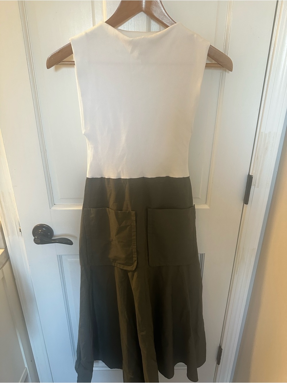 Zara Two-Tone Sleeveless A-Line Dress in White and Olive